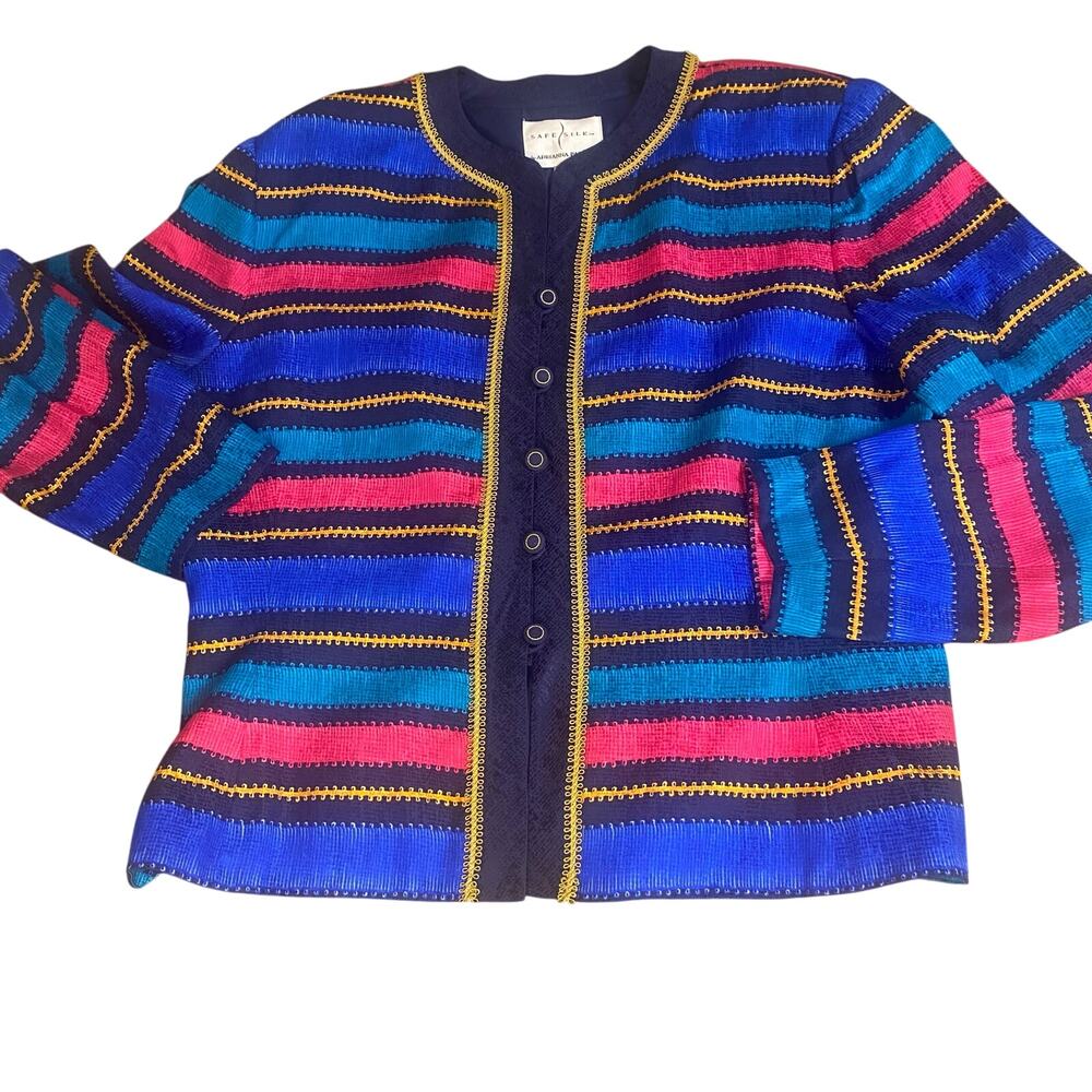Adrianna Papell vintageβ silk blue pink stripped button blazer jacket SIZE 14